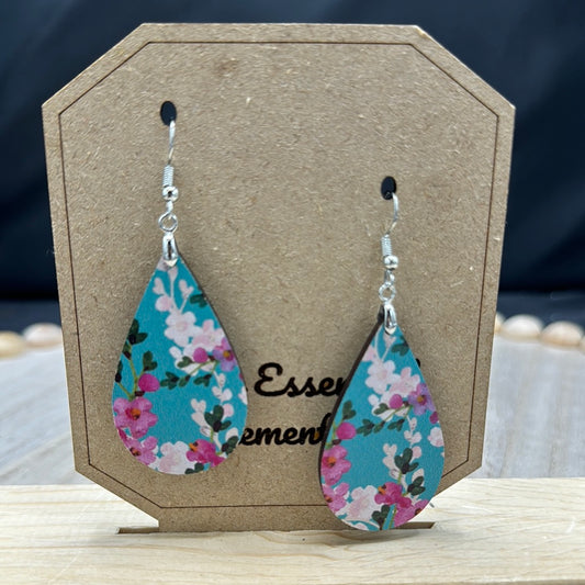 Blue with pink flowers wood earrings