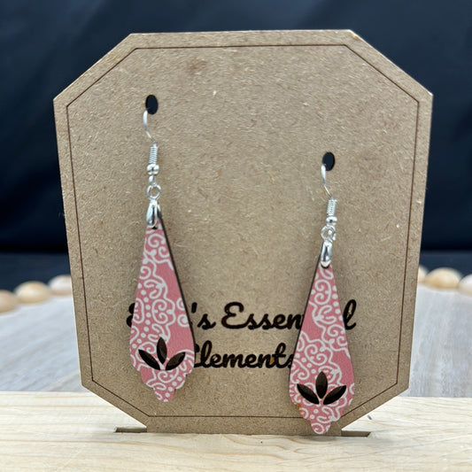 Pink with white design three leaf cutout wood earrings