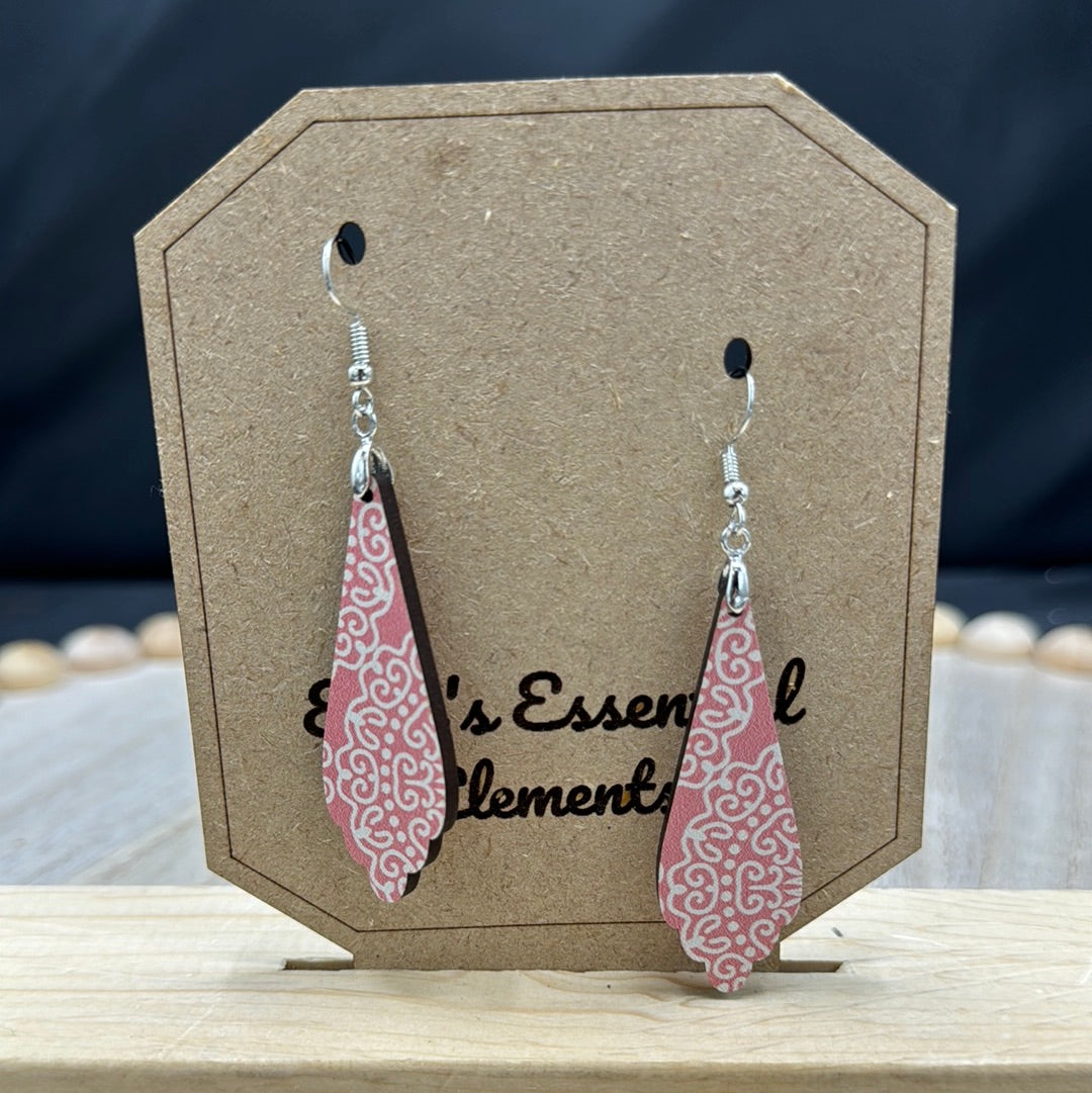 Pink with white design wood earrings