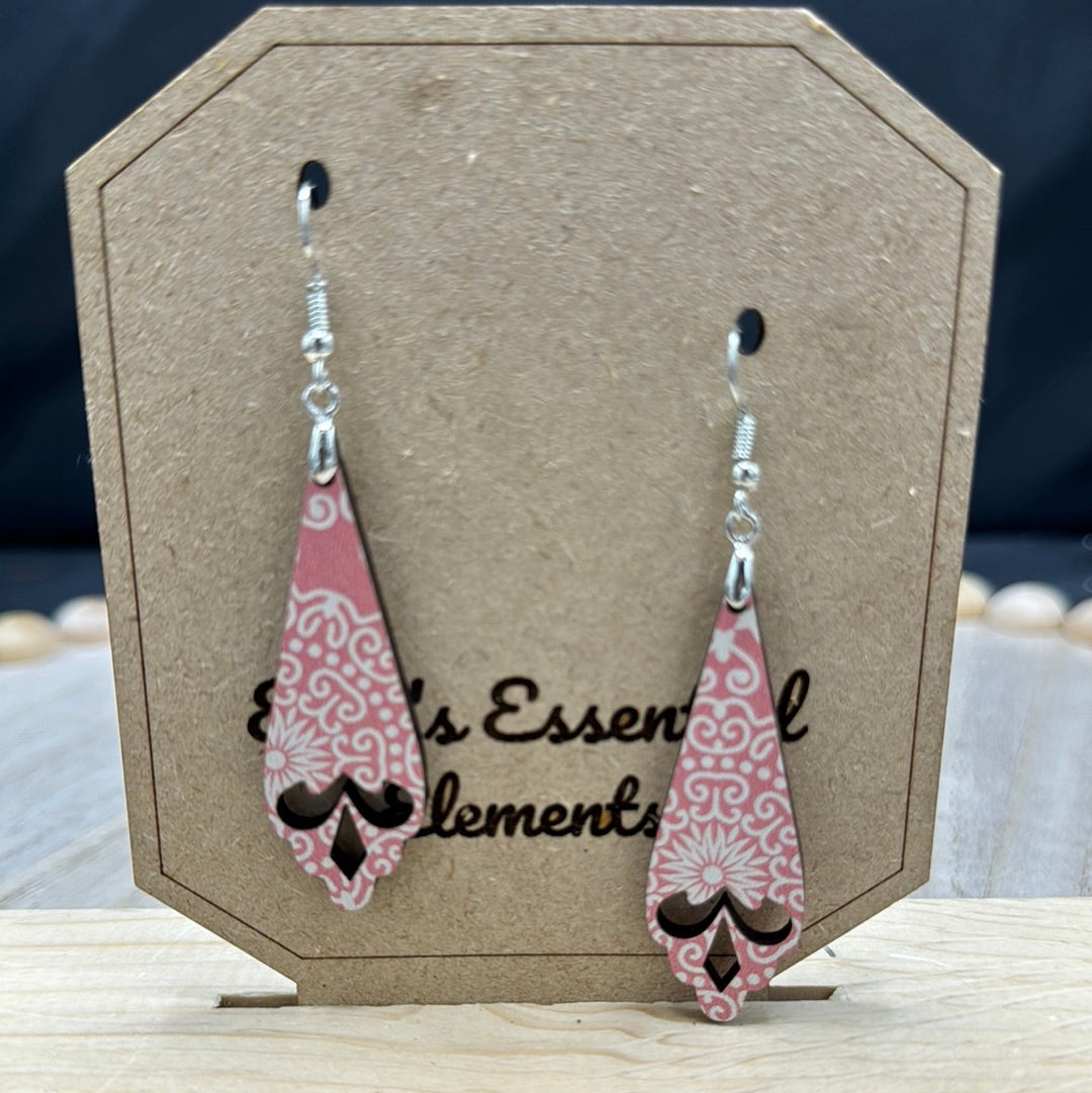 Pink with white intricate design wood earrings
